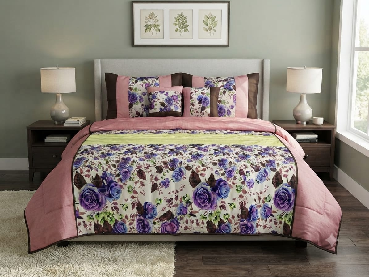 Purple & Blue Floral Quilted Bedcover